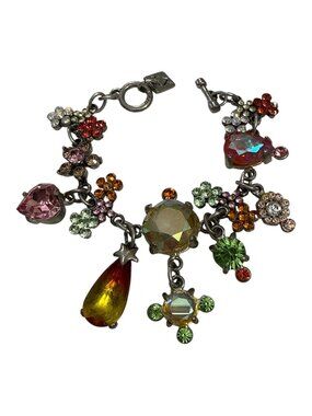Rodrigo Otazu Swarovski Crystal Charm Bracelet Floral Heart Motifs 7.5" Toggle